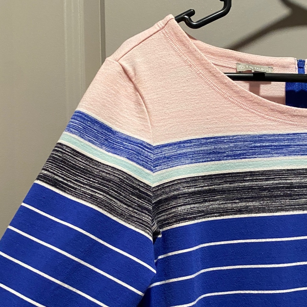 Talbots Knit Dress Pink Blue Stripe 3 4 Sleeve Casual Work Travel Dress L - Picture 4 of 8
